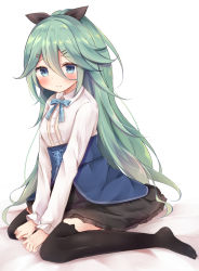 Rule 34 | 10s, 1girl, alternate costume, animal ear legwear, bad id, bad pixiv id, black bow, black skirt, black thighhighs, blue eyes, blush, bow, buttons, cat ear legwear, full body, green hair, hair between eyes, hair bow, hair ornament, hairclip, highres, kantai collection, long hair, long sleeves, looking at viewer, masayo (gin no ame), meme attire, neck ribbon, no shoes, pleated skirt, ponytail, ribbon, simple background, sitting, skirt, solo, thighhighs, virgin killer outfit, wariza, white background, yamakaze (kancolle)