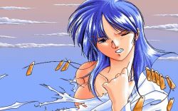 Rule 34 | 1girl, artist request, blue eyes, blue hair, breaking, clothes, cloud, cloudy sky, hercequary, jewelry, necklace, pain, pc-98 (style), pc98, reika (hercequary), sky, solo, sweater, tearing clothes, torn clothes