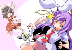 Rule 34 | &gt; &lt;, 2girls, animal ears, barefoot, black hair, carrot necklace, closed eyes, commentary, dress, grin, inaba tewi, injury, jewelry, long hair, lunatic gun, multiple girls, necklace, necktie, pink background, pink dress, pink skirt, puffy short sleeves, puffy sleeves, purple hair, rabbit ears, red eyes, red necktie, reisen udongein inaba, rubber band, rubber band gun, shinapuu, shirt, short sleeves, simple background, skirt, smile, tears, touhou, very long hair, white background, white shirt