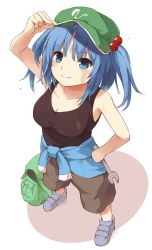 Rule 34 | 1girl, absurdres, arm up, backpack, bag, bare arms, bare shoulders, black shirt, blouse, blue eyes, blue hair, blue jacket, blush, breasts, brown pants, cabbie hat, cleavage, clothes around waist, collarbone, commentary request, green hat, grey footwear, hair bobbles, hair ornament, hand on headwear, hand on own hip, hat, highres, holding, holding wrench, jacket, jacket around waist, kawashiro nitori, medium breasts, pants, shirt, shoes, short hair, sidelocks, simple background, solo, techi (techi35499), touhou, two side up, white background, wrench