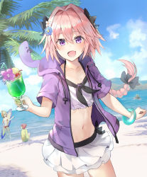 Rule 34 | 2boys, 2girls, :d, absurdres, astolfo (fate), beach, bendy straw, bikini, bikini skirt, black bow, black ribbon, blonde hair, blue flower, blush, bow, bracelet, braid, cherry, cloud, collarbone, colored skin, commentary request, cowboy shot, cup, day, double bun, drawstring, drinking glass, drinking straw, dutch angle, facing away, fang, fate/grand order, fate (series), floating hair, flower, food, frankenstein&#039;s monster (fate), frankenstein&#039;s monster (swimsuit saber) (fate), frankenstein&#039;s monster (swimsuit saber) (first ascension) (fate), fruit, glint, green shirt, grey skin, groin, hair between eyes, hair bow, hair bun, hair flower, hair intakes, hair ornament, hair ribbon, halterneck, highres, holding, holding cup, hood, hood down, hoodie, huge filesize, ice cream, jewelry, kusumoto touka, long hair, looking at another, looking at viewer, looking to the side, miniskirt, mordred (fate), mordred (fate) (all), mordred (fate/apocrypha), mordred (swimsuit rider) (fate), mordred (swimsuit rider) (first ascension) (fate), multiple boys, multiple girls, navel, ocean, official alternate costume, open clothes, open hoodie, open mouth, outdoors, palm tree, partially submerged, pink hair, pocket, ponytail, purple eyes, purple flower, purple hoodie, red bikini, ribbon, sand, shadow, shiny skin, shirt, short hair, short ponytail, short sleeves, side-tie bikini bottom, sidelocks, single braid, sitting, skirt, smile, spartacus (fate), standing, stomach, summer, surfboard, swimsuit, swimsuit cover-up, trap, tree, wading, wet, white bikini, white flower, white skirt