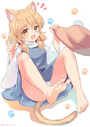 Rule 34 | 1girl, :d, animal ear fluff, animal ears, artist name, barefoot, blonde hair, blue dress, blush, breasts, brown hat, cat ears, cat tail, commentary request, dress, feet, foot focus, foreshortening, hair ribbon, hair tubes, hat, highres, holding, holding clothes, holding hat, kemonomimi mode, looking at viewer, medium hair, moriya suwako, nail polish, notice lines, open mouth, panties, paw pose, paw print, paw print background, ramudia (lamyun), red ribbon, ribbon, shirt, sidelocks, simple background, small breasts, smile, soles, solo, tail, toenails, toes, touhou, turtleneck, underwear, unworn hat, unworn headwear, white background, white nails, white panties, white shirt, wide sleeves, yellow eyes