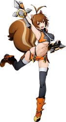 Rule 34 | 1girl, :3, :d, ahoge, animal ears, antenna hair, arm up, armpits, bare shoulders, blazblue, blazblue: cross tag battle, breasts, brown eyes, brown hair, full body, highleg, highleg panties, higuchi konomi, large breasts, looking at viewer, makoto nanaya, microskirt, multicolored hair, navel, official art, open mouth, panties, revealing clothes, short hair, skirt, smile, solo, squirrel ears, squirrel tail, tail, thighhighs, transparent background, two-tone hair, underboob, underwear