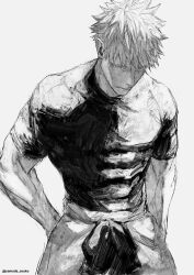 Rule 34 | belt, blue eyes, closed mouth, cowboy shot, gojou satoru, greyscale, highres, jujutsu kaisen, kuwoniagyu11112, looking at viewer, male focus, monochrome, muscular, muscular male, pants, shirt, short hair, short sleeves, simple background, spot color, standing, tight clothes, tight shirt, twitter username