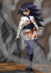 Rule 34 | 1girl, after battle, armpits, arms at sides, artist request, belt, between breasts, black footwear, black hair, boku no hero academia, boots, breasts, clenched hand, collarbone, deviantart, domino mask, eyelashes, female focus, fingernails, full body, hair between eyes, high heel boots, high heels, highres, large breasts, legs, legs together, long hair, mask, midnight (boku no hero academia), nail polish, neck, nipples, no bra, no panties, open mouth, outdoors, purple thighhighs, pussy, red belt, red mask, skin tight, smoke, spiked hair, superhero costume, thighhighs, thighs, torn clothes, torn legwear, v-shaped eyebrows, very long hair