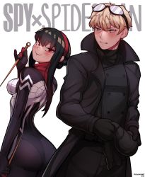 Rule 34 | 1boy, 1girl, absurdres, ass, black hair, blonde hair, bodysuit, breasts, cosplay, crossover, gloves, goggles, green eyes, hairband, highres, holding, holding weapon, hood, hoodie, long hair, looking at viewer, marvel, mask, medium breasts, mouth mask, red eyes, ryu (ryuwanshoy), sidelocks, silk (marvel), silk (marvel) (cosplay), skin tight, smile, spider-man (series), spider-man noir, spider-man noir (cosplay), spider web print, spy x family, superhero costume, twilight (spy x family), weapon, yor briar