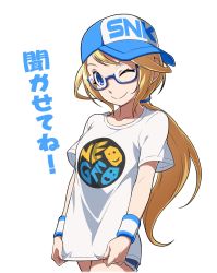 Rule 34 | 1girl, alternate costume, baseball cap, blonde hair, blouse, blue-framed eyewear, blue eyes, breasts, commentary request, cowboy shot, cutoffs, enta girl, eyebrows hidden by hair, falcoon, hat, highres, long hair, low ponytail, mascot, official art, one eye closed, semi-rimless eyewear, shirt, short shorts, shorts, sideways hat, simple background, small breasts, snk, solo, swept bangs, t-shirt, thighs, white background, white shirt