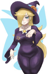 Rule 34 | 1girl, absurdres, alternate costume, belly, blonde hair, blue background, blue eyes, breasts, closed mouth, collarbone, dress, earrings, eyelashes, freddyhalloween, hair over one eye, hand up, hat, hat ornament, highres, holding, holding wand, jack-o&#039;-lantern, jewelry, large breasts, legs together, long hair, long sleeves, looking at viewer, mario (series), mario kart, mario kart tour, nintendo, open hand, pumpkin hat ornament, purple dress, purple headwear, rosalina, smile, standing, star (symbol), star earrings, thighs, wand, white background, wide hips, wide sleeves, witch, witch hat