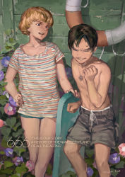 Rule 34 | 2boys, black hair, blonde hair, closed eyes, flower, highres, hjl, jewelry, multiple boys, open mouth, outdoors, pendant, shirt, short hair, t-shirt, tagme, topless male, torn clothes