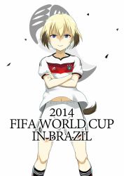 Rule 34 | 10s, 1girl, 2014, 2014 fifa world cup, adidas, alternate costume, blonde hair, blue eyes, crossed arms, english text, erica hartmann, germany, grin, highres, looking at viewer, midriff, multicolored hair, navel, rin mokkomoko, short hair, shorts, smile, soccer, soccer uniform, solo, sportswear, strike witches, tail, uniform, white background, world cup, world witches series