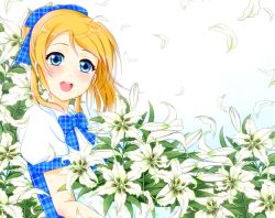 Rule 34 | 1girl, ayase eli, blonde hair, blue eyes, blush, bow, checkered bow, checkered clothes, checkered shirt, collared shirt, feathers, female focus, flower, hiro9779, long hair, looking at viewer, love live!, love live! school idol project, parted lips, ponytail, puffy short sleeves, puffy sleeves, shirt, short hair, short sleeves, solo, white background, white feathers