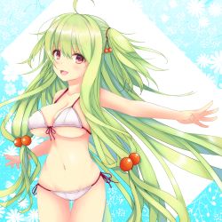 Rule 34 | 1girl, :d, ahoge, bikini, blue background, breasts, cherry hair ornament, cleavage, cowboy shot, floral background, flower knight girl, food-themed hair ornament, green hair, hair bobbles, hair ornament, large breasts, long hair, looking at viewer, navel, open mouth, red eyes, sakuranbo (flower knight girl), smile, solo, suzume (simple0091), swimsuit, thigh gap, two side up, underboob, white bikini