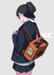 Rule 34 | 1girl, absurdres, back, backpack, bag, beige sweater, black hair, blazer, blue background, blue pikmin, blush, book, cable, commentary request, cowboy shot, fami (yellow skies), game console, gamecube, gamecube controller, highres, holding, holding bag, in pocket, jacket, long hair, neck ribbon, nintendo, orange bag, original, pikmin (creature), pikmin (series), pikmin 2, pink ribbon, pleated skirt, ponytail, purple pikmin, red pikmin, ribbon, school uniform, simple background, skirt, sleeves past wrists, solo, sweater, white pikmin, yellow pikmin