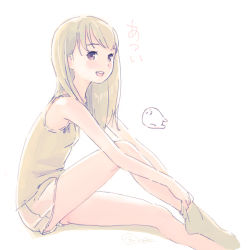 1girl bad_id bad_tumblr_id blonde_hair blush breasts brown_eyes camisole dressing female_focus from_side knee_up kokudou_juunigou long_hair looking_at_viewer open_mouth original shorts simple_background sitting small_breasts smile socks solo teeth white_background