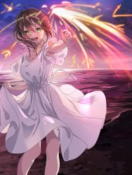 Rule 34 | 1girl, :d, adjusting clothes, akamoku, blush, breasts, brown hair, cleavage, dress, fireworks, green eyes, highres, holding fireworks, looking at viewer, medium hair, open mouth, original, outdoors, outstretched arm, short sleeves, sky, smile, solo, standing, sundress, sunset, white dress