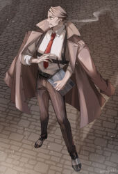 Rule 34 | 1boy, absurdres, almond cookie, blush, cigarette, coat, coat on shoulders, collared shirt, cookie run, feet out of frame, highres, humanization, light brown hair, looking at viewer, male focus, mature male, necktie, nekoyasiki33, rain, shirt, short hair, sleeves rolled up, solo, thick eyebrows, undone necktie, vertical-striped clothes, vertical-striped necktie, white shirt