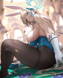 Rule 34 | 1girl, animal ears, ass, asuna (blue archive), blonde hair, blue archive, blue eyes, breasts, clothes, elbow gloves, fake animal ears, fake bunny ears, female focus, gloves, highres, long hair, looking at viewer, medium breasts, pantyhose, ponytail, sitting, smile, solo, white gloves, yoshio (55level)