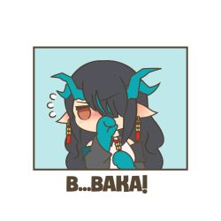 Rule 34 | 1girl, aqua background, arknights, artist name, bare shoulders, black hair, border, chibi, dragon girl, dragon horns, dusk (arknights), earrings, embarrassed, english text, flying sweatdrops, highres, horns, jacket, jacket partially removed, jewelry, kuhl-notes, long hair, looking at viewer, looking away, pointy ears, simple background, solo, tassel, tassel earrings, upper body, very long hair, white border
