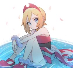 Rule 34 | 1girl, anklet, bare shoulders, blonde hair, blue eyes, bracelet, cherry blossoms, closed mouth, creatures (company), falling petals, frown, game freak, hairband, highres, irida (pokemon), jewelry, looking up, neck ring, nintendo, noi (noi pk27), petals, pokemon, pokemon legends: arceus, red footwear, red hairband, shoes, short hair, shorts, sitting, solo, water, white shorts