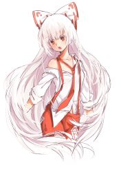 Rule 34 | 1girl, :o, absurdres, bad id, bad pixiv id, fujiwara no mokou, highres, hime cut, long hair, necktie, off shoulder, red eyes, solo, suspenders, touhou, transistor, very long hair, white background, white hair