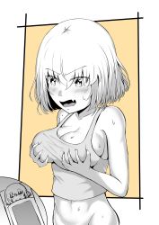 Rule 34 | 1girl, absurdres, alternate breast size, bare shoulders, blush, breast hold, breasts, cleavage, collarbone, dreaming, fang, futon, girls und panzer, groin, highres, katyusha (girls und panzer), large breasts, monochrome, navel, no bra, no panties, open mouth, orange theme, partially colored, rorimo, shiny skin, short hair, simple background, sleeping, smile, solo, sweat, tank top, tongue, two-tone background