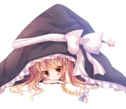 Rule 34 | 1girl, absurdres, blonde hair, bow, braid, hat, hat bow, highres, kirisame marisa, long hair, looking at viewer, mini person, minigirl, oversized object, simple background, single braid, solo, touhou, witch hat, xue ye, yellow eyes