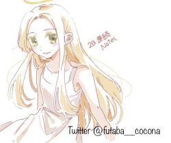 Rule 34 | 1girl, angel notes, blonde hair, blush, collarbone, dress, english text, green eyes, halo, japanese text, long hair, looking at viewer, sitting, sleeveless, sleeveless dress, smile, solo, type-moon, type venus, v/v, white background, white dress
