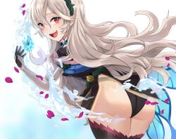 Rule 34 | 1girl, ass, corrin (female) (fire emblem), corrin (female) (resplendent) (fire emblem), corrin (fire emblem), fire emblem, fire emblem fates, fire emblem heroes, grey hair, headband, highres, legs together, lilshironeko, long hair, looking at viewer, looking back, nintendo, official alternate costume, open mouth, red eyes, smile, solo, teeth, upper teeth only, water, white background