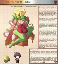 Rule 34 | 1boy, 1girl, artist name, black hair, breasts, brown background, character name, character profile, colored skin, commentary, creatures (company), detached sleeves, english commentary, english text, game freak, gen 2 pokemon, green hair, green skin, hair rings, hair tie, highres, huge ears, japanese clothes, kimono, kinkymation, large breasts, long hair, nintendo, no pupils, personification, pink kimono, pink sleeves, poke ball, poke ball (basic), pokemon, red eyes, skiploom, uncensored, wide sleeves
