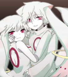 Rule 34 | 10s, 1boy, 1girl, :3, animal ears, dual persona, hachiko (pixiv988361), kyubey, long hair, looking back, mahou shoujo madoka magica, mahou shoujo madoka magica (anime), personification, pink eyes, red eyes, selfcest, tail, twintails, white hair