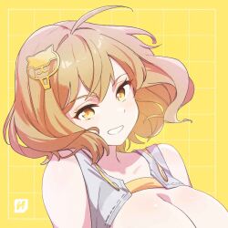 Rule 34 | 1girl, ahoge, anis (nikke), breasts, cleavage, crop top, goddess of victory: nikke, grey shirt, grin, hair ornament, highres, hilantix, large breasts, light brown hair, looking at viewer, shirt, short hair, signature, smile, solo, upper body, yellow eyes
