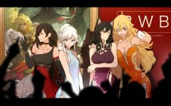 Rule 34 | 4girls, ;d, ^ ^, aged up, ahoge, animal ears, arm at side, armpits, asymmetrical clothes, bare arms, bare shoulders, black choker, black gloves, black hair, blake belladonna, blonde hair, blue dress, blue eyes, blurry, blurry foreground, breast hold, breasts, cat ears, cat girl, cellphone, choker, cleavage, closed eyes, collarbone, copyright name, cross-laced clothes, crowd, depth of field, dishwasher1910, drawing (object), dress, earrings, elbow gloves, evening gown, floral print, flower, gloves, grin, hair between eyes, hair flower, hair ornament, hand on another&#039;s shoulder, hand up, holding, holding phone, jewelry, large breasts, letterboxed, lips, lipstick, long hair, makeup, medium breasts, multicolored hair, multiple girls, one eye closed, open mouth, outstretched arm, parted lips, phone, picture frame, ponytail, print dress, purple dress, purple eyes, red background, red flower, red hair, red lips, rose print, round teeth, ruby rose, rwby, selfie, short hair, sidelocks, silhouette, single strap, sleeveless, sleeveless dress, small breasts, smartphone, smile, strap gap, streaked hair, stud earrings, teeth, upper teeth only, very long hair, waving, wavy hair, weiss schnee, white hair, yang xiao long, yellow choker, yellow eyes