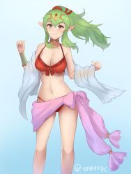 Rule 34 | 1girl, bikini, blue background, breasts, choker, cleavage, closed mouth, fire emblem, fire emblem awakening, fire emblem heroes, gradient background, green eyes, green hair, hair ribbon, highres, large breasts, long hair, looking at viewer, medium breasts, navel, nintendo, pointy ears, red bikini, ribbon, simple background, smile, solo, spiffydc, standing, swimsuit, tiara, tiki (adult) (fire emblem), tiki (adult) (summer) (fire emblem), tiki (fire emblem), twitter username