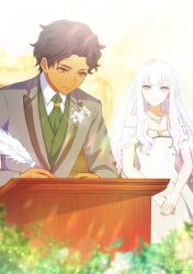 Rule 34 | 1boy, 1girl, bride, brown hair, couple, cyril (fire emblem), dark-skinned male, dark skin, dfhnokenbutu, dress, facing viewer, fire emblem, fire emblem: three houses, groom, hetero, holding, holding quill, jewelry, looking at another, lysithea von ordelia, nintendo, quill, red eyes, ring, upper body, wedding, wedding dress, wedding ring
