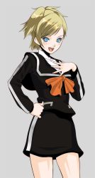 Rule 34 | 1girl, atlus, blonde hair, blue eyes, female focus, grey background, hand on own chest, hand on own hip, izumi (walnov), lisa silverman, persona, persona 2, persona 2 tsumi, school uniform, simple background, solo