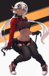 Rule 34 | 1girl, asymmetrical sleeves, belt, black background, black collar, black gloves, black jacket, black pants, breasts, closed mouth, collar, commentary, covered erect nipples, crop top, cropped jacket, dark-skinned female, dark skin, earrings, elf, full body, gloves, highres, holding, horns, invisible chair, jacket, jewelry, long hair, long sleeves, looking at viewer, low twintails, medium breasts, multicolored background, multicolored clothes, multicolored jacket, navel, nipples, original, pants, pointy ears, red eyes, red jacket, see-through, shoes, shrug (clothing), sitting, smile, sneakers, solo, stomach, thigh strap, twintails, two-tone jacket, uneven sleeves, unsomnus, very long hair, white background, white hair, yellow background