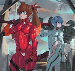 Rule 34 | 2girls, alternate muscle size, ayanami rei, blue eyes, bodysuit, breasts, carrying bag, carrying over shoulder, combat knife, cowboy shot, eyepatch, gun, hair ornament, huge weapon, impossible bodysuit, impossible clothes, knife, large breasts, looking to the side, multiple girls, muscular, muscular arms, muscular female, muscular legs, neon genesis evangelion, outdoors, plugsuit, red eyes, sheath, sheathed, short hair, skin tight, souryuu asuka langley, thick thighs, thighs, weapon, ziromaru
