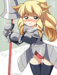 Rule 34 | 10s, 1girl, animal ears, armor, black thighhighs, blonde hair, blush, braid, brown eyes, eromame, greaves, kemono friends, nose blush, polearm, ponytail, side braid, signature, solo, spear, sweat, thighhighs, weapon, white rhinoceros (kemono friends)