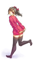 Rule 34 | 10s, 1girl, black hair, black thighhighs, dress, love live!, love live! school idol project, monorus, no shoes, red eyes, short twintails, smile, solo, sweater, sweater dress, thighhighs, twintails, yazawa nico, zettai ryouiki