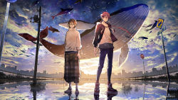 Rule 34 | 2boys, black jacket, blue pants, blue sky, brown eyes, brown hair, closed mouth, cloud, cloudy sky, copyright request, fish, floating hair, flying fish, flying whale, high collar, hood, hood down, hooded jacket, jacket, light smile, long hair, looking at viewer, male focus, multiple boys, nozaki tsubata, open clothes, open jacket, outdoors, pants, plaid, plaid pants, puffy pants, reflection, road sign, shirt, sign, sky, socks, standing, standing on liquid, sunset, unmoving pattern, utility pole, very long hair, water, whale, white legwear, white shirt