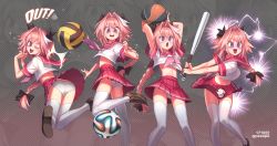 Rule 34 | 1boy, astolfo (fate), astolfo (sailor paladin) (fate), ball, ball busting, baseball, baseball bat, basketball, basketball (object), bdsm, black bow, black ribbon, bow, braid, cbt, dodgeball, fang, fate/apocrypha, fate/grand order, fate (series), hair intakes, hair ribbon, highres, long braid, long hair, male focus, multicolored hair, official alternate costume, one eye closed, pain, panties, pantyshot, peeape (nathakitt), pink hair, playing sports, purple eyes, red sailor collar, ribbon, sailor collar, school uniform, single braid, soccer ball, streaked hair, thighhighs, trap, underwear, very long hair, volleyball (object)