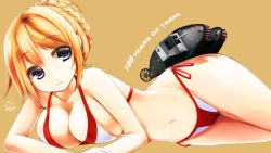 Rule 34 | 1girl, arm support, artist name, bikini, blonde hair, blue eyes, braid, breasts, brown background, closed mouth, commentary request, english text, french braid, getsuyou yasumi, halterneck, highres, large breasts, looking at viewer, lying, mark i tank, military, military vehicle, miniature, motor vehicle, on side, original, red bikini, short hair, side-tie bikini bottom, signature, simple background, solo, string bikini, swimsuit, tank