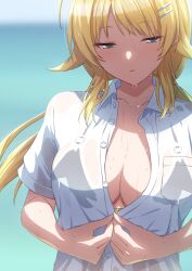 Rule 34 | 1girl, ahoge, amochin, bikini, bikini under clothes, black bikini, blonde hair, blue eyes, blush, breasts, cleavage, collarbone, collared shirt, commentary request, day, hachimiya meguru, hair ornament, hairclip, highres, idolmaster, idolmaster shiny colors, large breasts, long hair, low twintails, open clothes, open shirt, outdoors, parted lips, partially unbuttoned, see-through, see-through shirt, shirt, short sleeves, solo, star (symbol), star hair ornament, swimsuit, twintails, unbuttoned, unbuttoned shirt, wet, wet clothes, wet hair, wet shirt, white shirt
