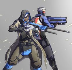 Rule 34 | 1boy, 1girl, ana (overwatch), belt pouch, boots, braid, brown eyes, character name, clothes writing, coat, covered mouth, cowboy shot, dark-skinned female, dark skin, energy gun, eyepatch, facial mark, facial tattoo, gloves, gun, headband, hijab, holding, holding gun, holding weapon, holster, hood, jacket, knee boots, mask, old, old woman, overwatch, overwatch 1, pants, pouch, red gloves, rifle, scope, short hair, sniper rifle, soldier: 76 (overwatch), tattoo, thigh holster, thigh strap, visor, weapon, white hair