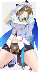 Rule 34 | 1girl, absurdres, animal ears, ascot, belt, black shorts, blue cape, blue eyes, breasts, brown belt, brown hair, cape, cheval grand (umamusume), closed mouth, coat, commentary request, ear covers, foot out of frame, frown, gloves, hair between eyes, hat, highres, horse ears, horse girl, horse tail, jacket, large breasts, midriff peek, multicolored hair, navel, peaked cap, reibun (raven1119), shoes, short hair, shorts, simple background, sneakers, solo, streaked hair, tail, umamusume, white background, white coat, white footwear, white gloves, white hair, white jacket, yellow ascot