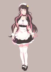Rule 34 | 1girl, alternate costume, apron, black choker, black dress, black hair, choker, dress, enmaided, fang, full body, grey background, highres, kantai collection, long hair, looking at viewer, maid, maid headdress, mary janes, multicolored hair, naganami (kancolle), pink hair, shoes, simple background, solo, thighhighs, two-tone hair, wavy hair, white apron, white thighhighs, wrist cuffs, yuuji (and)