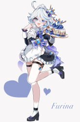 Rule 34 | 1girl, absurdres, ahoge, alternate costume, apron, black dress, black footwear, blue eyes, blue hair, cake, chaena (exmd3552), character name, crown, dress, drop-shaped pupils, enmaided, food, full body, furina (genshin impact), genshin impact, hair between eyes, heart, heterochromia, high heels, highres, holding, holding plate, light blue hair, long hair, long sleeves, looking at viewer, maid, maid apron, maid headdress, mini crown, mismatched pupils, open mouth, plate, simple background, smile, socks, standing, standing on one leg, symbol-shaped pupils, thigh strap, vision (genshin impact), white apron, white background, white socks