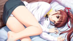 1girl bare_legs bed_sheet black_ribbon black_skirt brown_eyes brown_hair collared_shirt doukyuusei_(series) doukyuusei_2 game_cg hair_ribbon highres long_hair long_sleeves looking_at_viewer lying miniskirt neck_ribbon official_art on_side panties parted_lips pencil_skirt ponytail red_ribbon ribbon shiny_skin shirt skirt solo sumeragi_kohaku sweater tanaka_misa underwear white_panties white_shirt white_sweater wing_collar