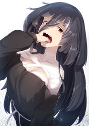 Rule 34 | 1girl, bandages, black hair, black shirt, blouse, breasts, cleavage, finger in own mouth, hair between eyes, hand in mouth, large breasts, long hair, looking at viewer, meth (emethmeth), open mouth, red eyes, saliva, sharp teeth, shirt, simple background, solo, teeth, upper body, very long hair, white background, yamada tae, zombie land saga