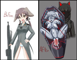 Rule 34 | 2girls, animal ears, blush, breasts, brown hair, dog ears, gertrud barkhorn, gun, instant loss, large breasts, military, military uniform, multiple girls, multiple views, navel, neuroi girl, nude, open mouth, panties, petrification, pussy, rifle, short hair, smile, strike witches, tongue, tongue out, twintails, underwear, uniform, weapon, white panties, world witches series